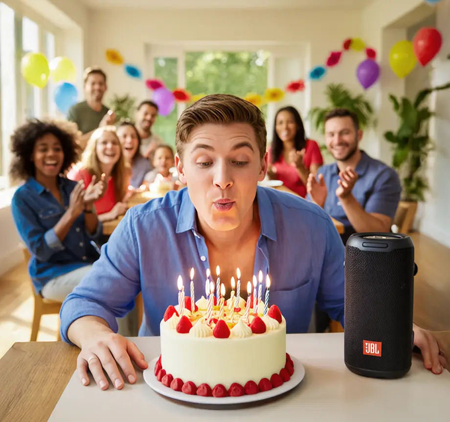 Chanson personnalisée anniversaire – NannyMusic Jeune homme soufflant ses bougies d’anniversaire entouré de sa famille en écoutant une chanson personnalisée NannyMusic – cadeau musical unique livré en 24h-48h